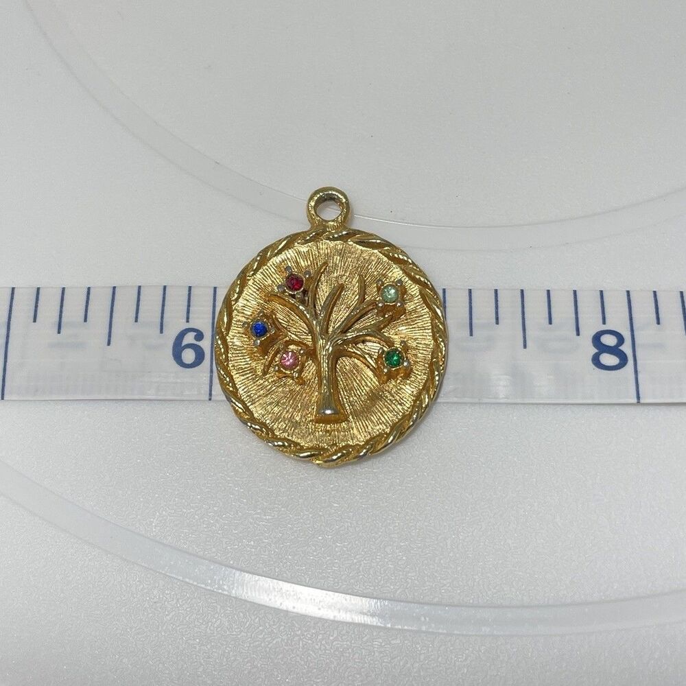 Vintage Gold Tone Tree of Life Round Pendant Charm With Multicolor Rhinestones - Picture 4 of 4